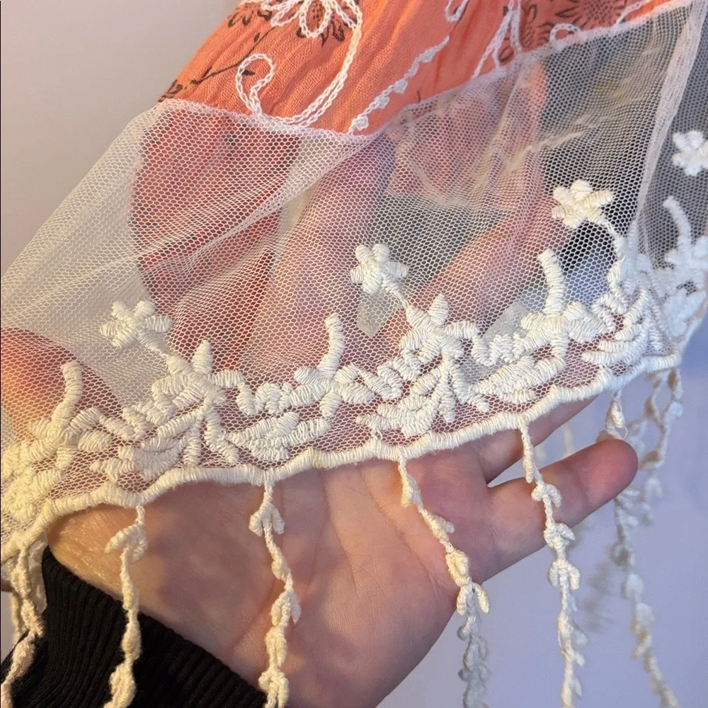 Tickled Pink Orange cream Mesh Crochet Embroidered Floral Scarf Fringe Cotton